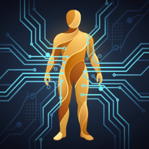 Abstract illustration depicting human form intersecting with geometric AI patterns representing Pope's call for human-centred artificial intelligence