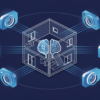Illustration of a house interior being filmed from multiple angles with data streams flowing to a central processor, representing AI training data collection