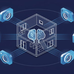 Illustration of a house interior being filmed from multiple angles with data streams flowing to a central processor, representing AI training data collection
