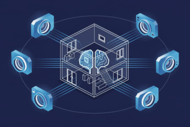 Illustration of a house interior being filmed from multiple angles with data streams flowing to a central processor, representing AI training data collection