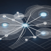 Abstract geometric illustration representing enterprise AI customer service automation with interconnected nodes and conversation flows