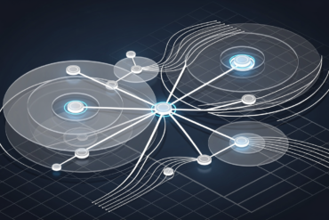 Abstract geometric illustration representing enterprise AI customer service automation with interconnected nodes and conversation flows