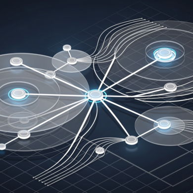Abstract geometric illustration representing enterprise AI customer service automation with interconnected nodes and conversation flows
