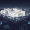 Editorial illustration depicting large-scale semiconductor manufacturing facility with abstract circuit elements