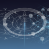 Editorial illustration depicting SpaceX rocket trajectory intersecting with AI network infrastructure nodes