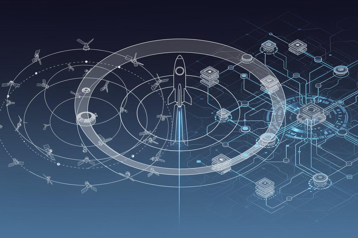 Editorial illustration depicting SpaceX rocket trajectory intersecting with AI network infrastructure nodes