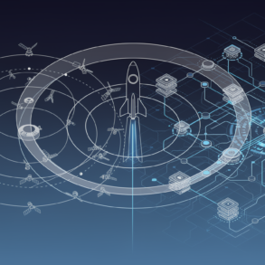 Editorial illustration depicting SpaceX rocket trajectory intersecting with AI network infrastructure nodes
