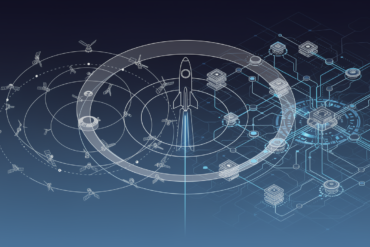 Editorial illustration depicting SpaceX rocket trajectory intersecting with AI network infrastructure nodes