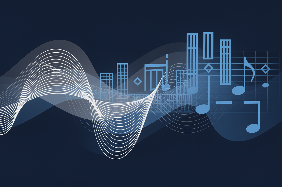 Abstract illustration of sound waves transforming into geometric musical notation representing AI-generated music technology