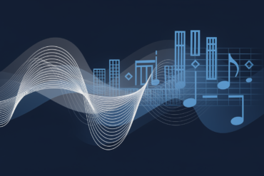 Abstract illustration of sound waves transforming into geometric musical notation representing AI-generated music technology