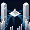 Abstract illustration representing major AI funding round and market positioning with geometric towers and capital flow elements