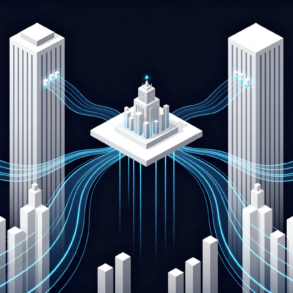 Abstract illustration representing major AI funding round and market positioning with geometric towers and capital flow elements