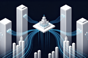 Abstract illustration representing major AI funding round and market positioning with geometric towers and capital flow elements