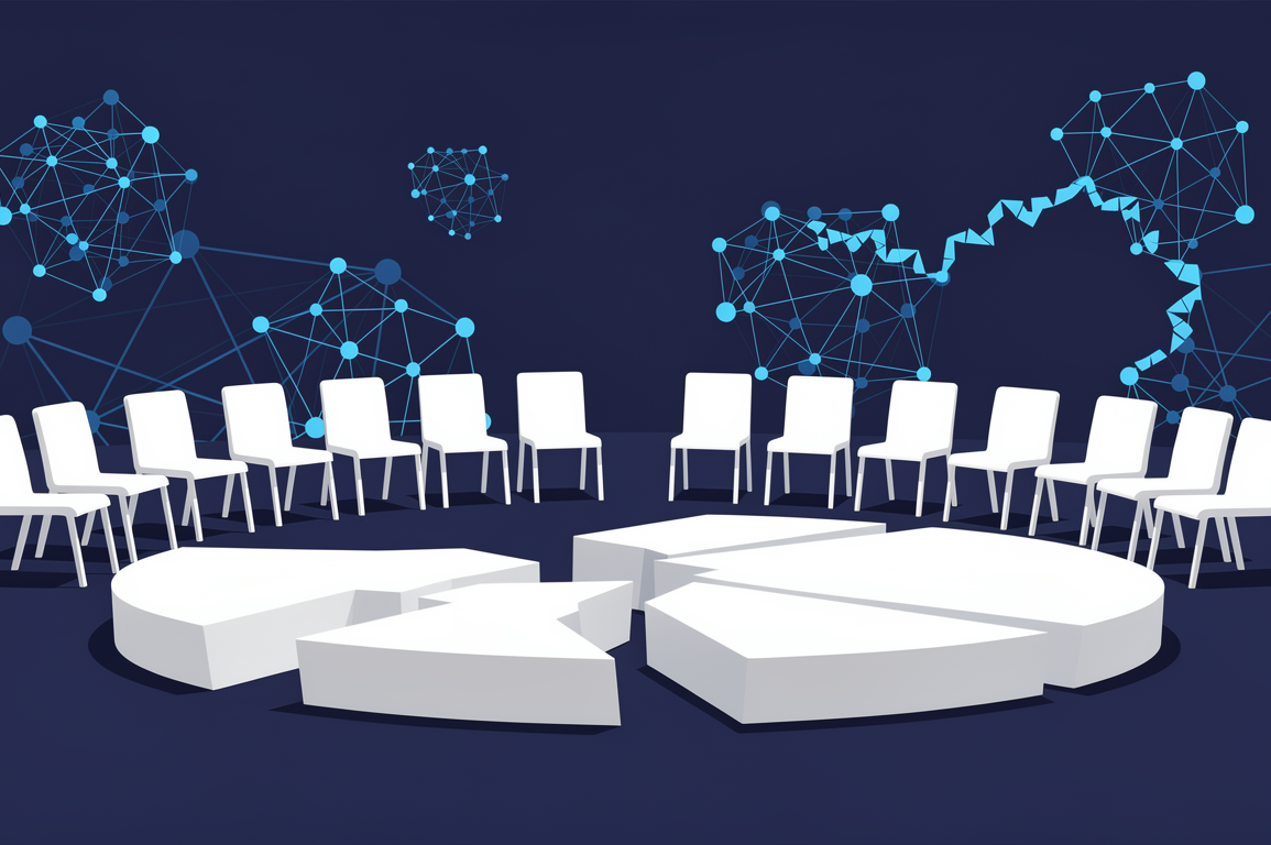 Editorial illustration depicting empty chairs and podium representing tech CEO boycott of White House AI policy event