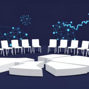 Editorial illustration depicting empty chairs and podium representing tech CEO boycott of White House AI policy event