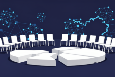 Editorial illustration depicting empty chairs and podium representing tech CEO boycott of White House AI policy event