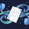 Abstract illustration depicting delayed AI security policy with suspended document and fragmenting security symbols