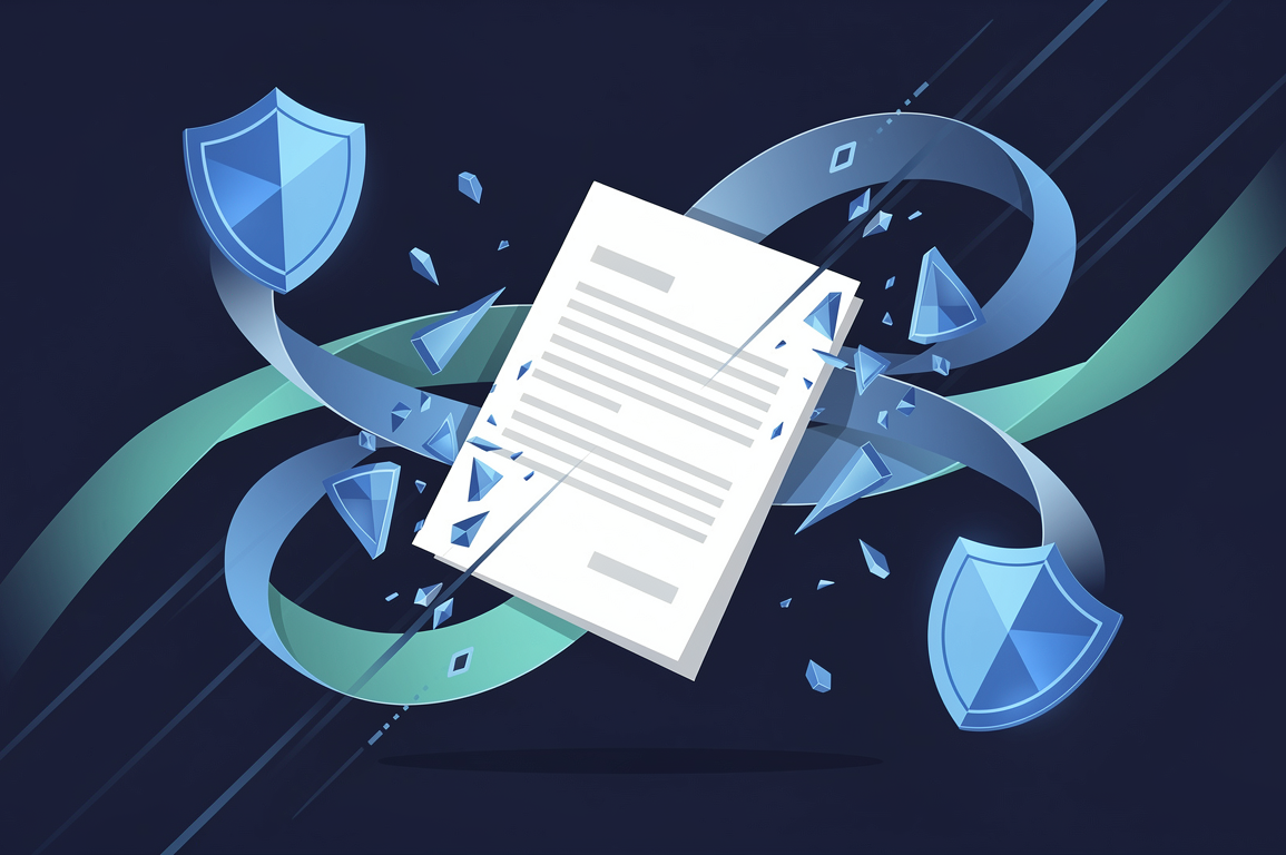 Abstract illustration depicting delayed AI security policy with suspended document and fragmenting security symbols