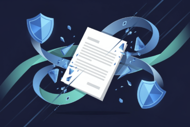 Abstract illustration depicting delayed AI security policy with suspended document and fragmenting security symbols