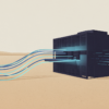 Editorial illustration of data centre infrastructure in desert environment with resource flow visualization