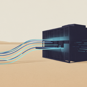 Editorial illustration of data centre infrastructure in desert environment with resource flow visualization