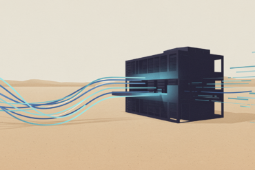 Editorial illustration of data centre infrastructure in desert environment with resource flow visualization