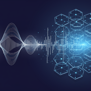 Abstract illustration of voice waveforms connecting to network infrastructure representing enterprise AI voice technology