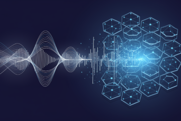 Abstract illustration of voice waveforms connecting to network infrastructure representing enterprise AI voice technology