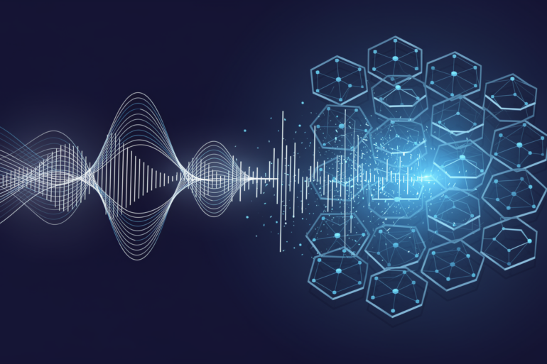 Abstract illustration of voice waveforms connecting to network infrastructure representing enterprise AI voice technology