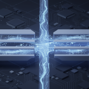 Abstract illustration depicting memory bandwidth bottleneck in AI infrastructure with flowing data streams constrained by narrow pipeline