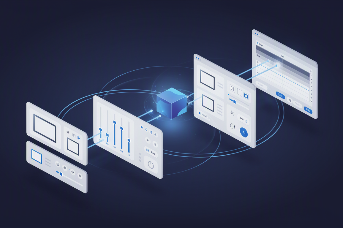 Abstract illustration depicting AI assistant integration across multiple creative software applications with connected interface panels