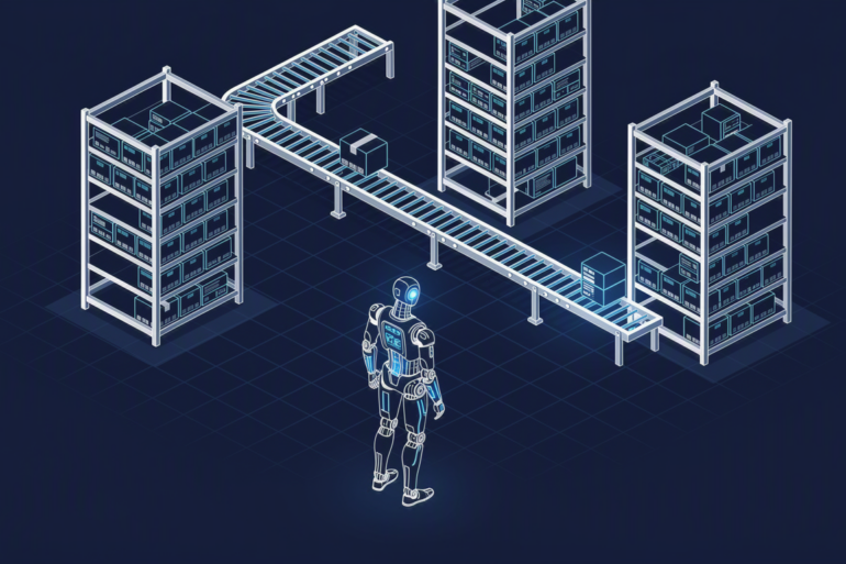 Geometric illustration of humanoid robot in warehouse environment representing Agility Robotics commercial deployment