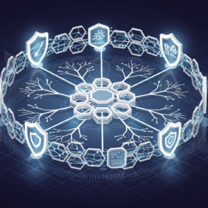 Abstract illustration depicting AI biosecurity safeguards through geometric shields and neural network patterns