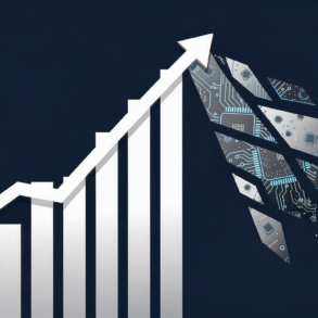 Abstract illustration depicting declining technology market valuations with fragmenting graph lines and circuit patterns