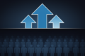 Editorial illustration depicting wealth concentration with ascending geometric shapes above fading worker silhouettes