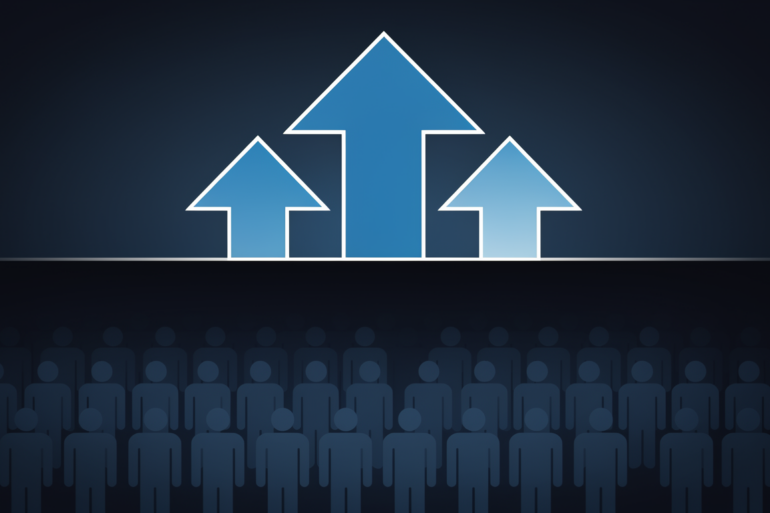 Editorial illustration depicting wealth concentration with ascending geometric shapes above fading worker silhouettes
