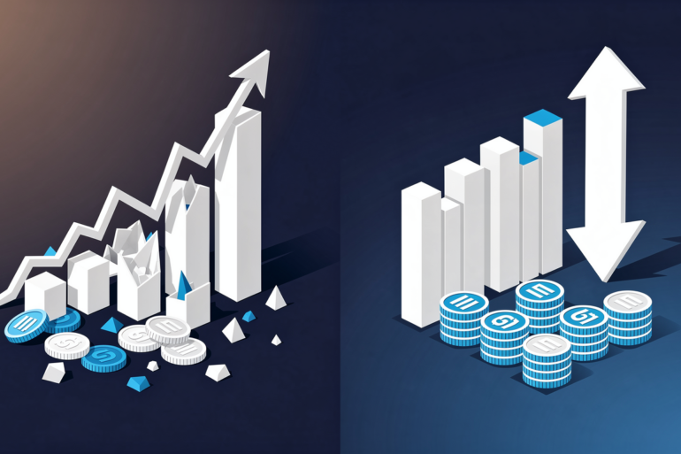 Editorial illustration depicting AI industry shift from growth to cost efficiency with geometric chart and token elements