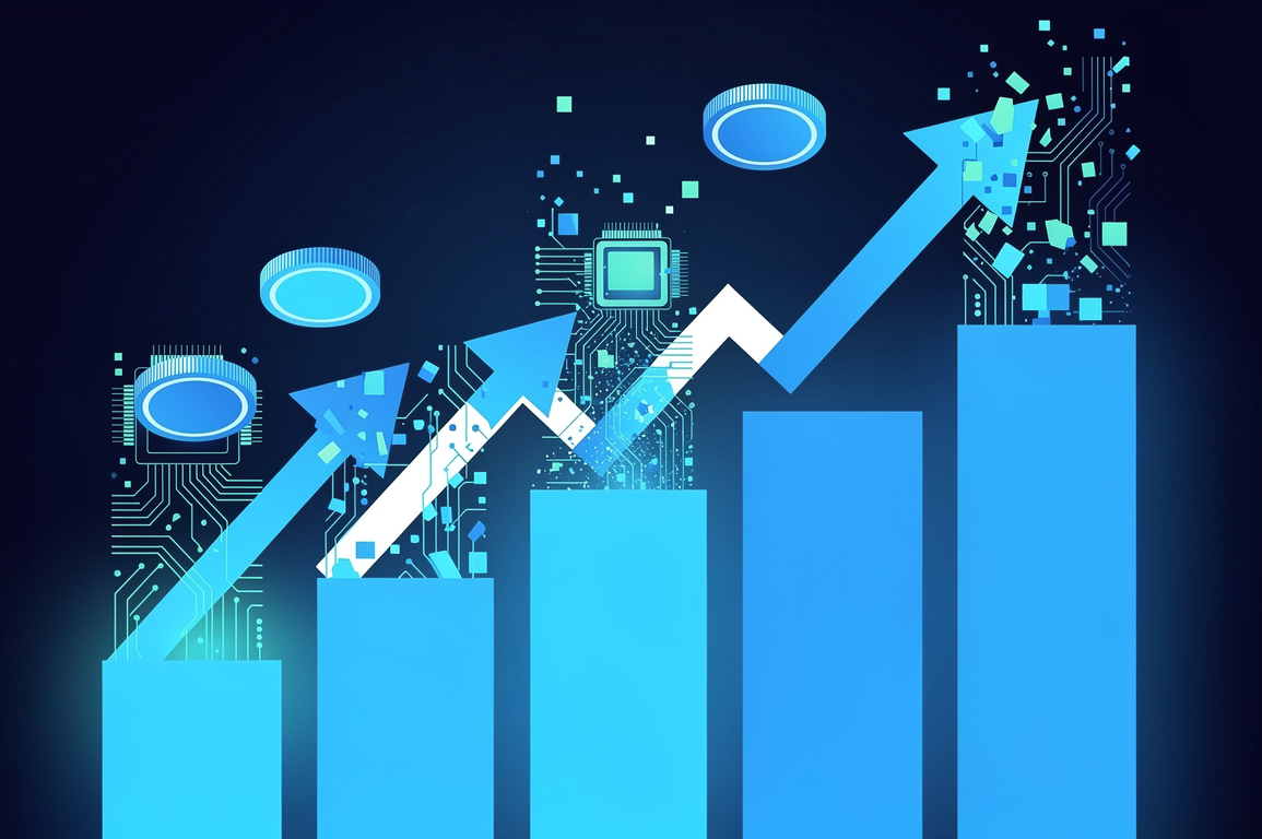 Abstract illustration depicting rising AI token costs through ascending geometric shapes and data visualisation elements
