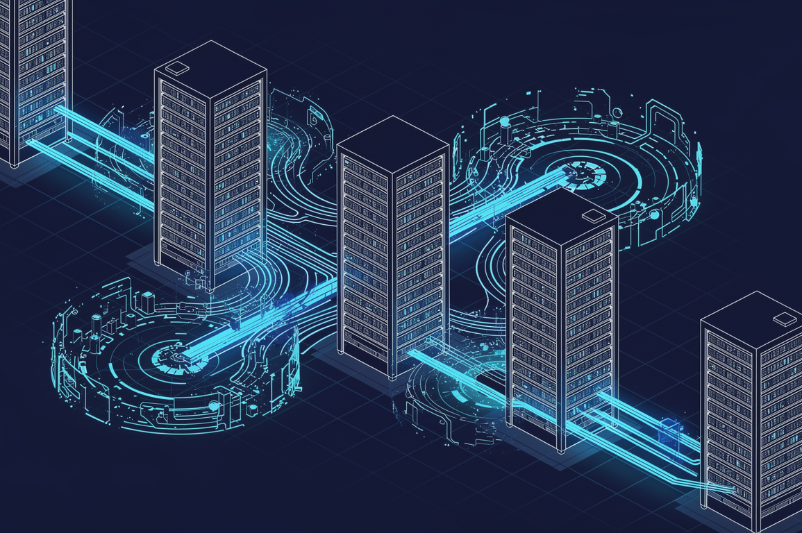 Illustration depicting large-scale AI infrastructure investment with data centre architecture and computing networks