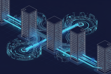 Illustration depicting large-scale AI infrastructure investment with data centre architecture and computing networks