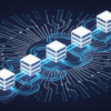 Abstract illustration of data centre infrastructure with geometric server structures and network connections