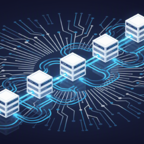 Abstract illustration of data centre infrastructure with geometric server structures and network connections