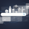 Abstract illustration of AI-generated product images emerging from e-commerce search interface with geometric shapes and layered elements