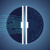 Abstract illustration depicting AI model deployment halted by regulatory barrier, represented through geometric shapes and circuit pathways