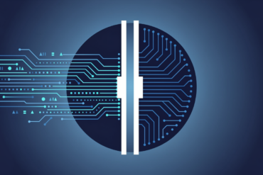 Abstract illustration depicting AI model deployment halted by regulatory barrier, represented through geometric shapes and circuit pathways