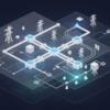 Abstract visualization of AI integration into critical infrastructure networks with interconnected nodes and geometric pathways