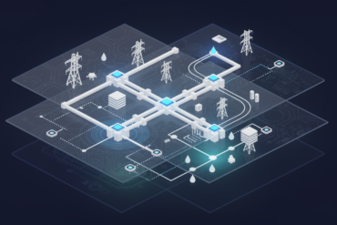 Abstract visualization of AI integration into critical infrastructure networks with interconnected nodes and geometric pathways