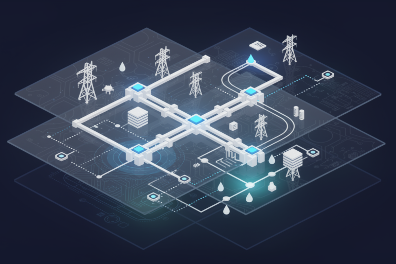 Abstract visualization of AI integration into critical infrastructure networks with interconnected nodes and geometric pathways