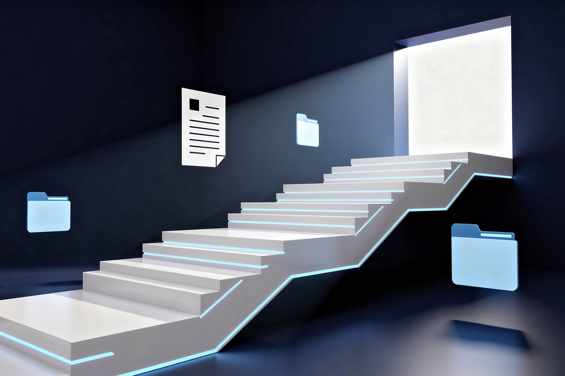 Abstract geometric illustration representing a company's path to initial public offering with ascending architectural forms