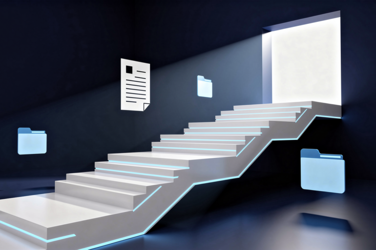 Abstract geometric illustration representing a company's path to initial public offering with ascending architectural forms
